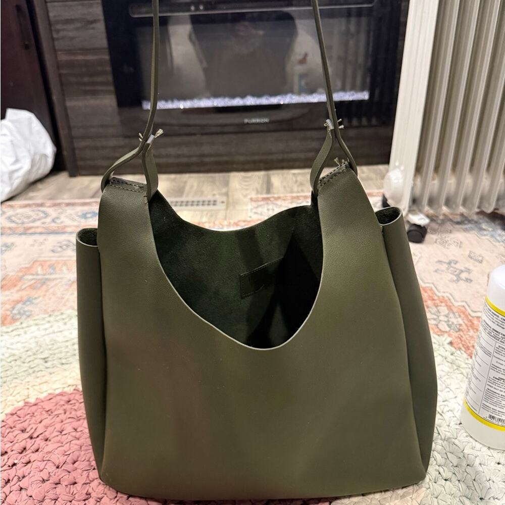 Neiman Marcus vegan faux leather Olive Green Shoulder tote Bag